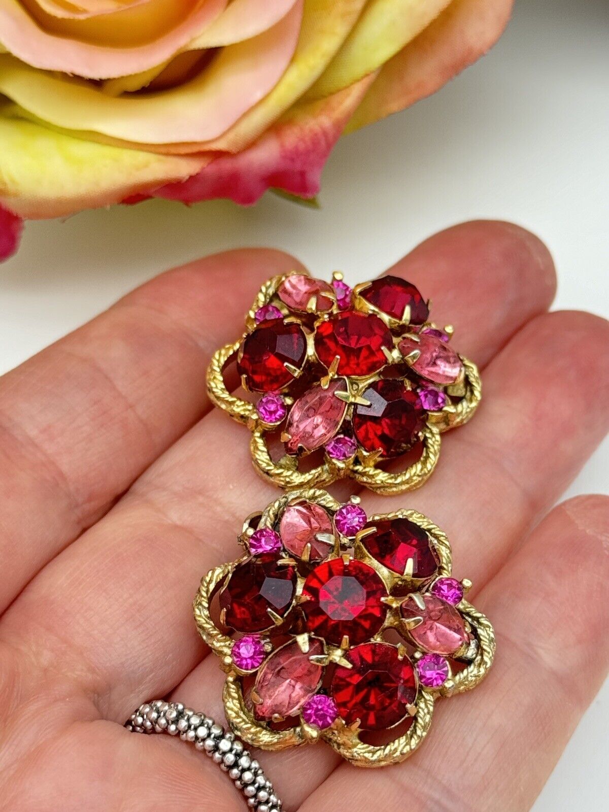 Pair Of SIGNED WEISS Rhinestone Earrings Pink Red Purple Flower Design