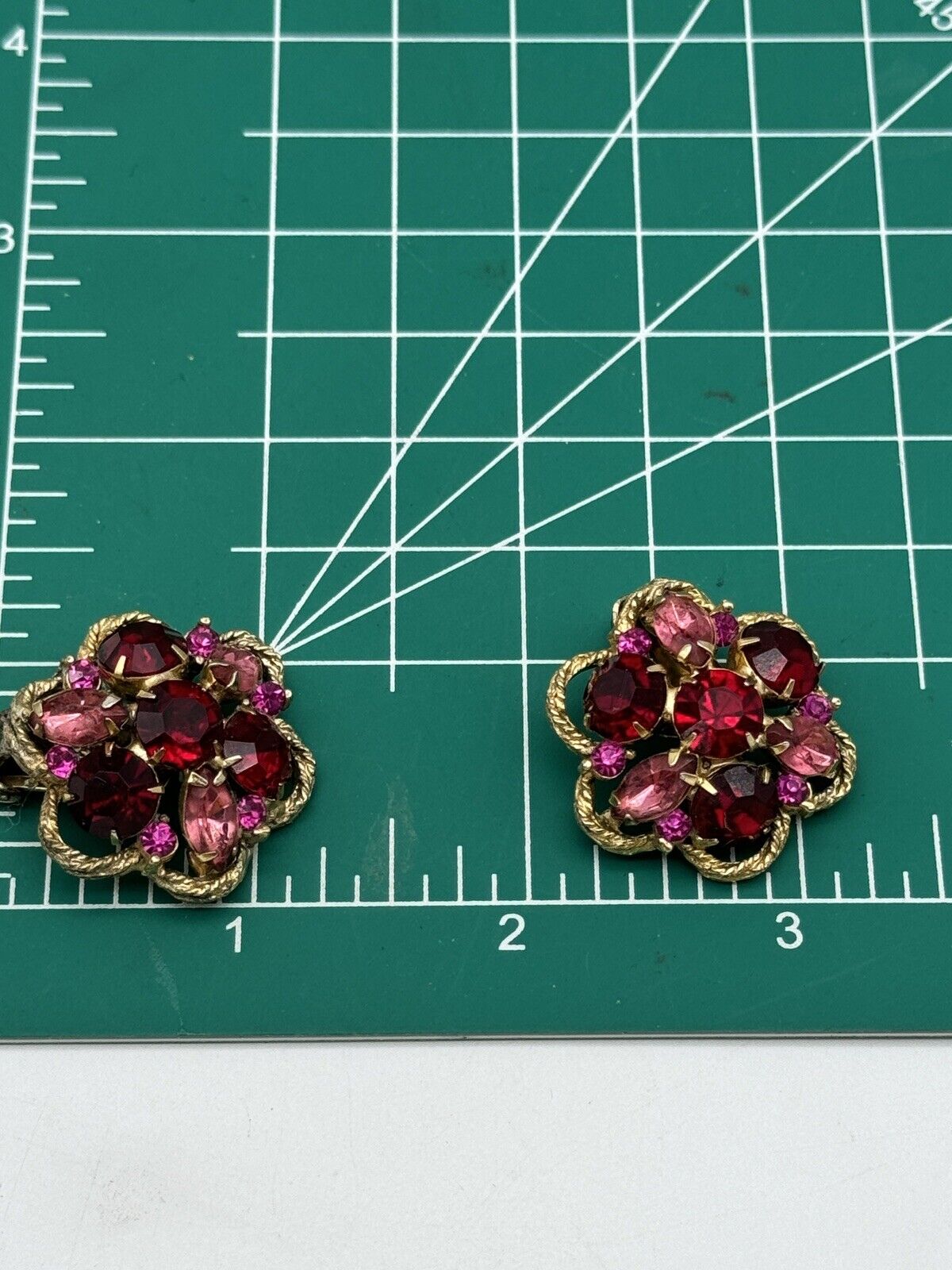 Pair Of SIGNED WEISS Rhinestone Earrings Pink Red Purple Flower Design