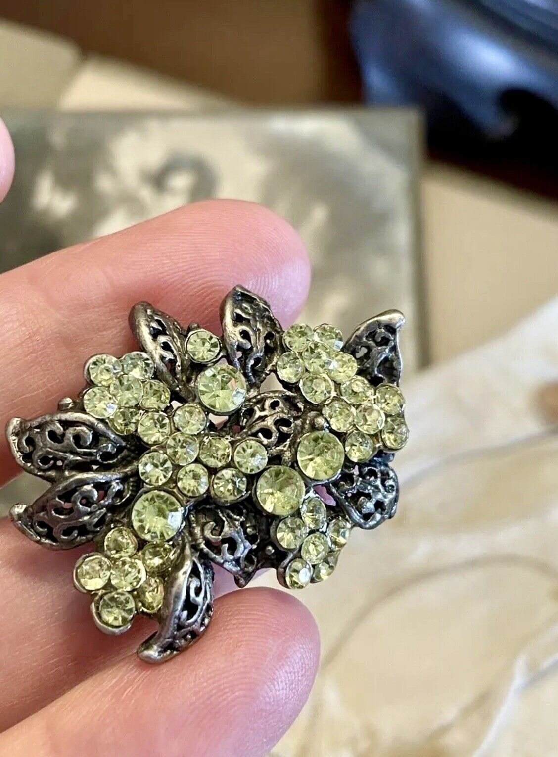 Vintage Lime Green Yellow Rhinestone Brooch Exquisite Estate Find