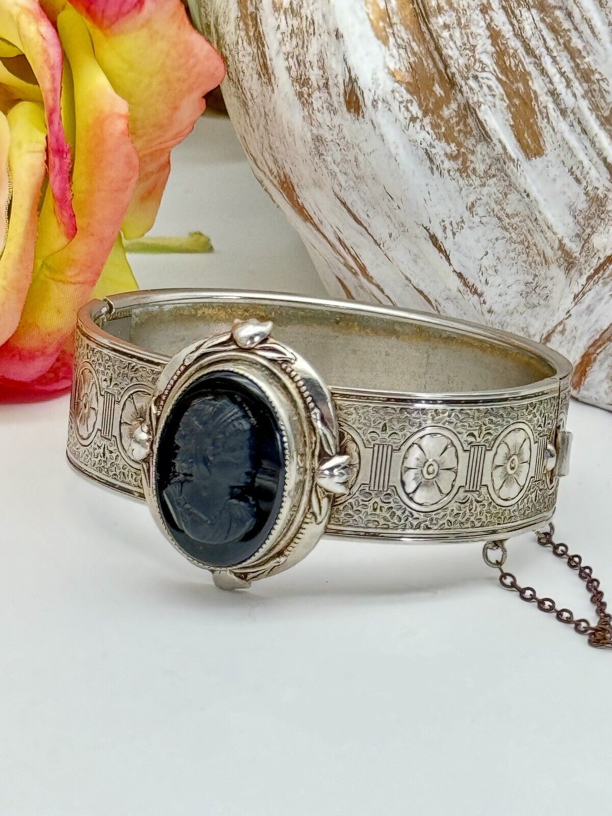 Antique Style Black Cameo Hinged Bangle Bracelet Chased Floral Design UNSIGNED