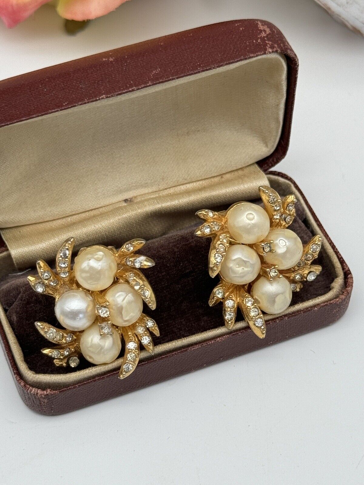 Vintage SIGNED Hattie Carnegie Faux Pearl Gold Tone Clear Rhinestone Earrings