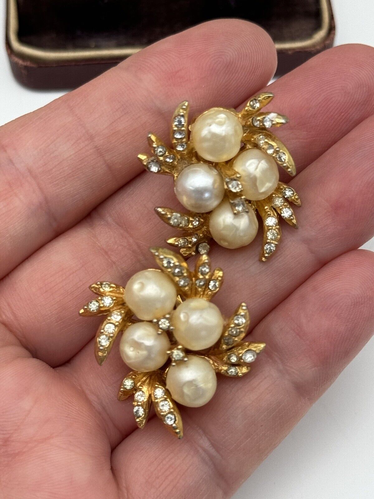 Vintage SIGNED Hattie Carnegie Faux Pearl Gold Tone Clear Rhinestone Earrings