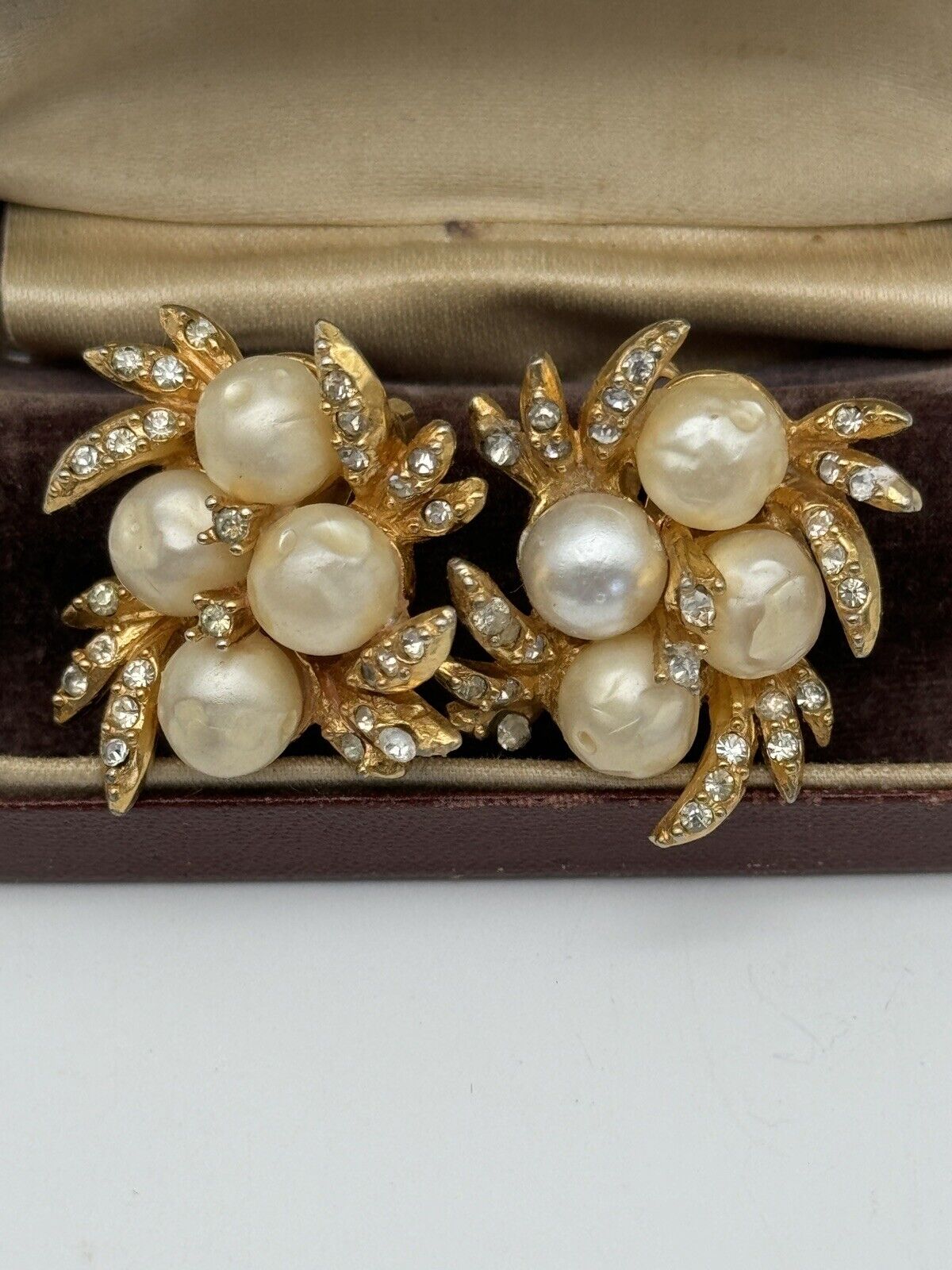 Vintage SIGNED Hattie Carnegie Faux Pearl Gold Tone Clear Rhinestone Earrings