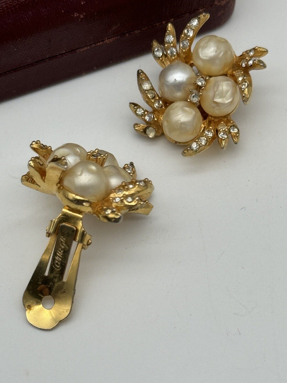 Vintage SIGNED Hattie Carnegie Faux Pearl Gold Tone Clear Rhinestone Earrings