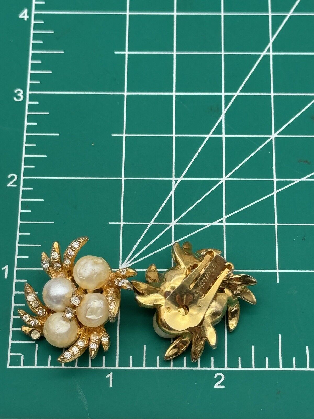 Vintage SIGNED Hattie Carnegie Faux Pearl Gold Tone Clear Rhinestone Earrings