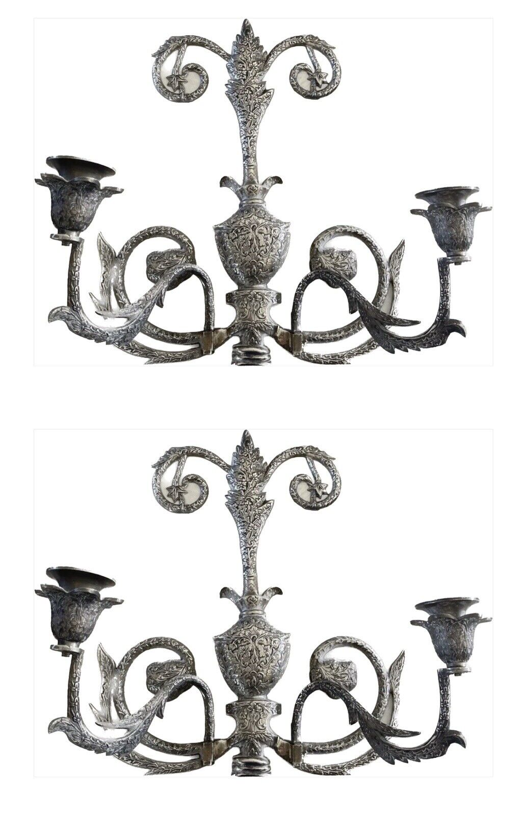 Large Candle Wall Sconces Pair Chased Ornate Hand Crafted Vintage Silverplate