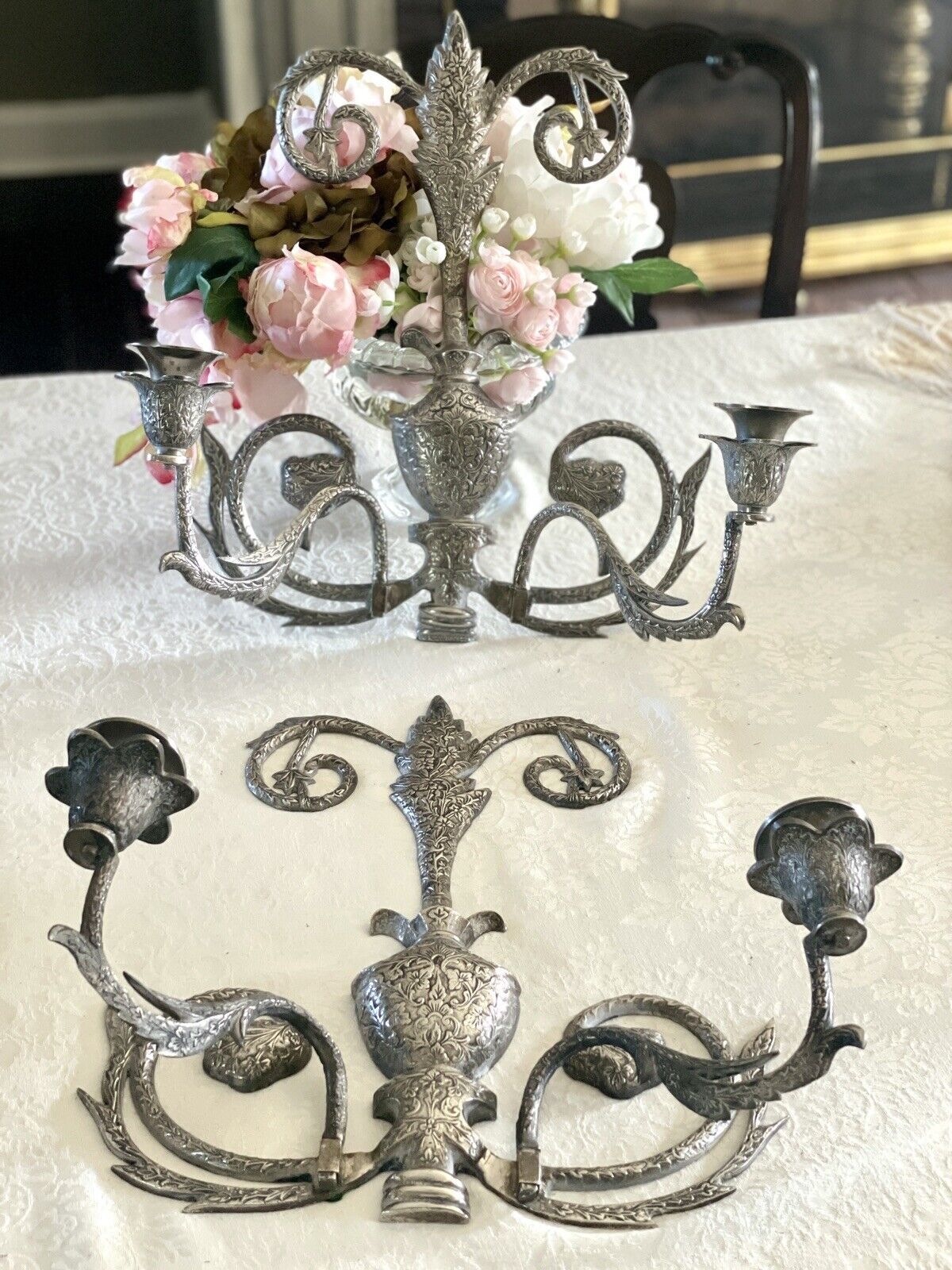 Large Candle Wall Sconces Pair Chased Ornate Hand Crafted Vintage Silverplate