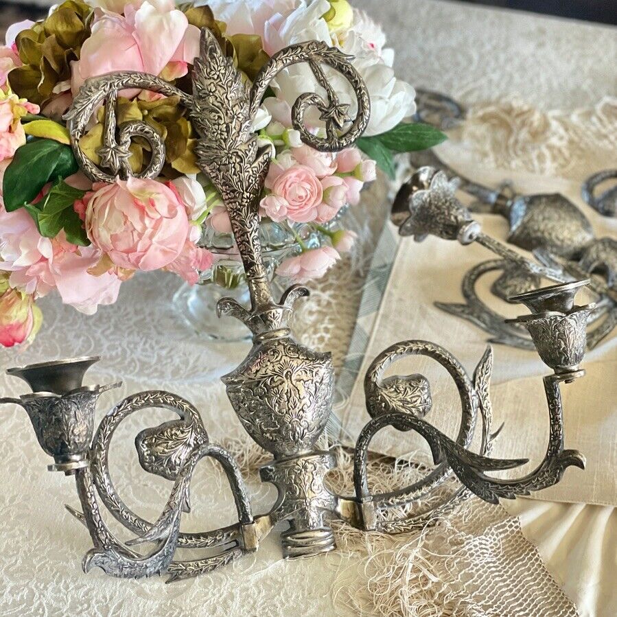 Large Candle Wall Sconces Pair Chased Ornate Hand Crafted Vintage Silverplate