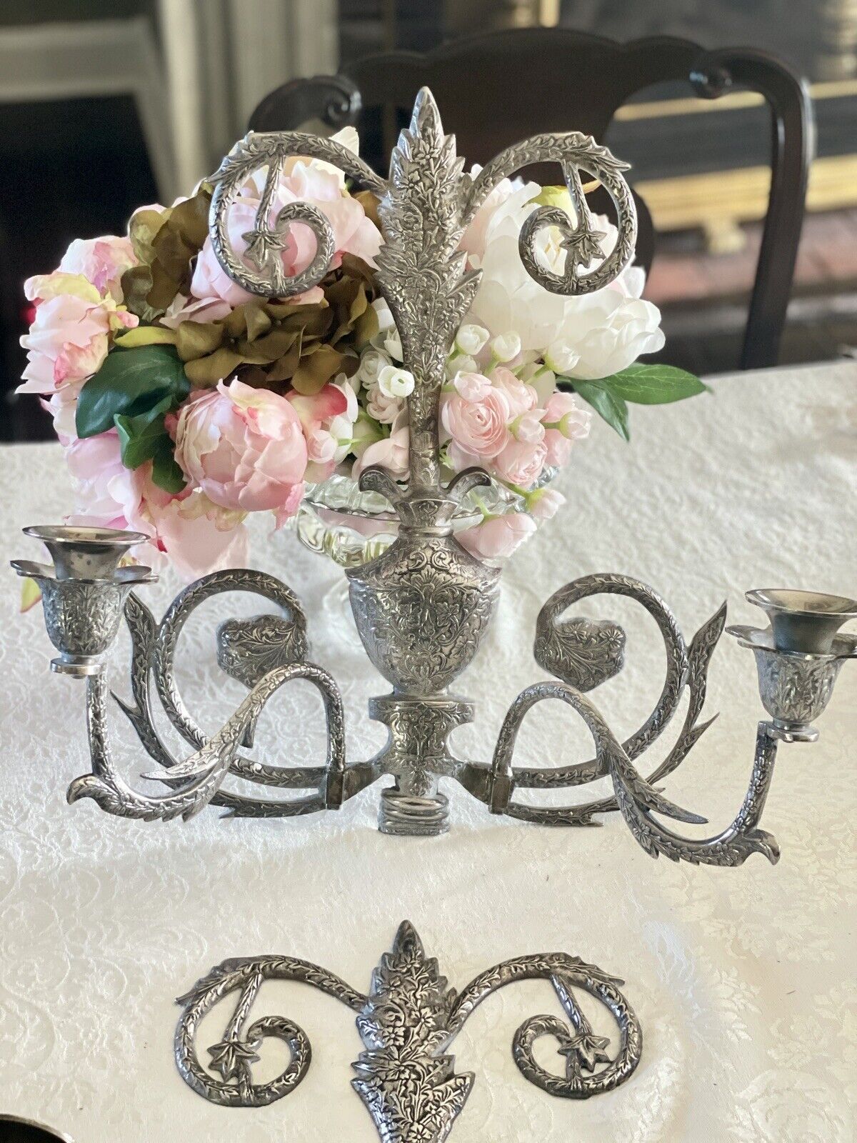 Large Candle Wall Sconces Pair Chased Ornate Hand Crafted Vintage Silverplate