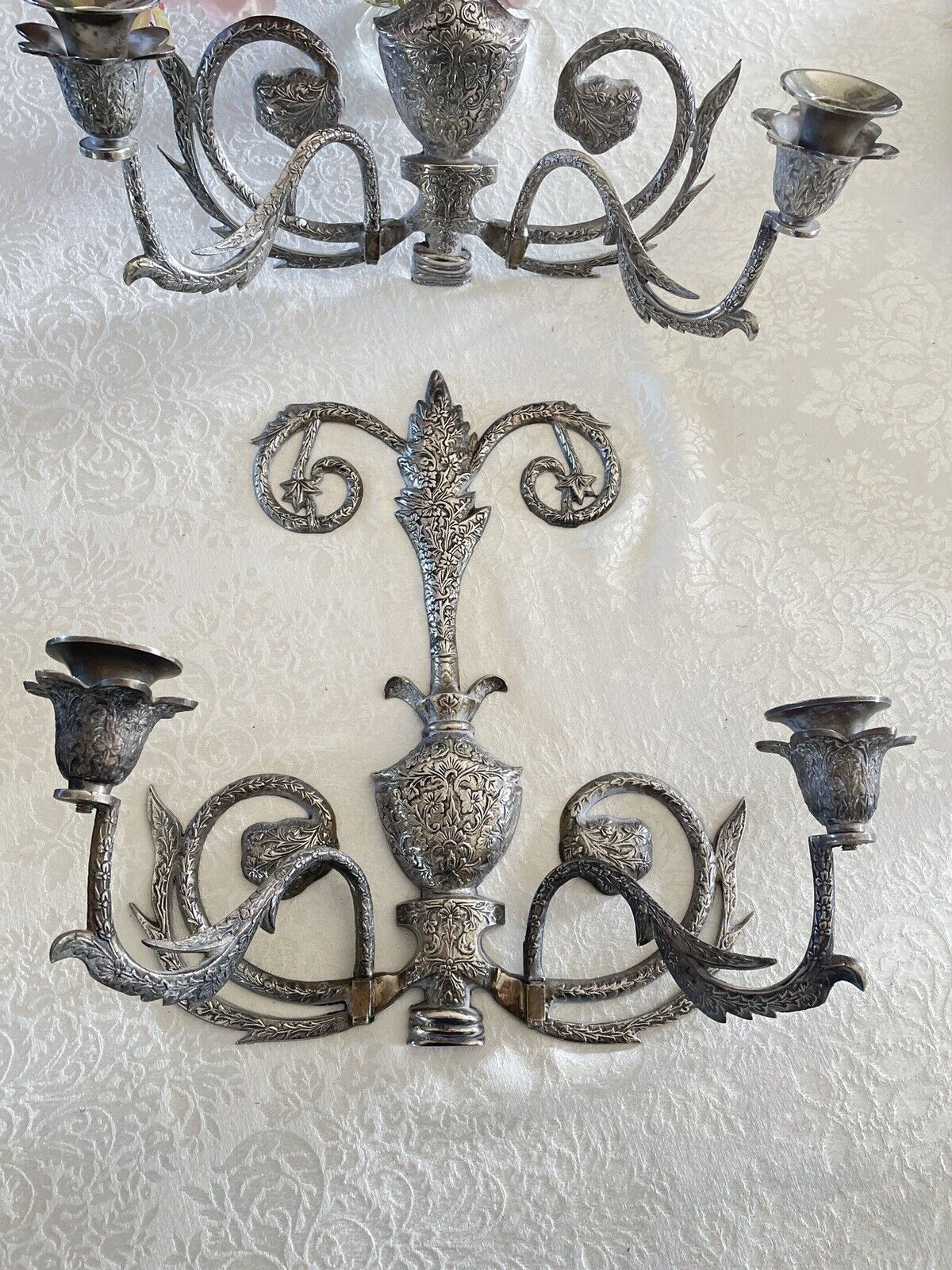 Large Candle Wall Sconces Pair Chased Ornate Hand Crafted Vintage Silverplate