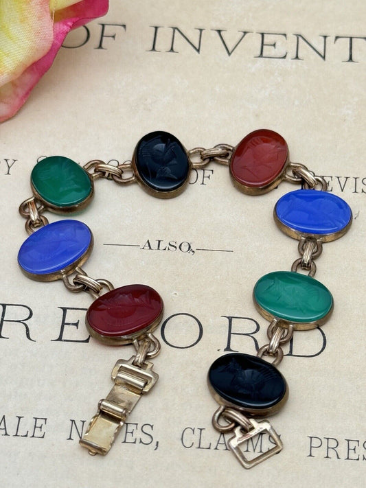 Vintage Victorian Revival 14kt GF Roman Glass Intaglio Bracelet 7”