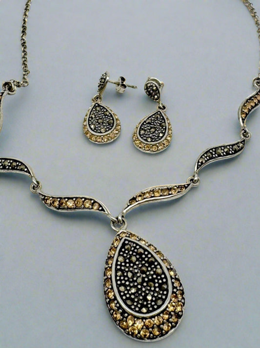 Vintage Victoria Crowne Marcasite Champagne Rhinestone Necklace & Earring Set