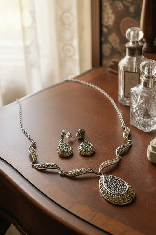 Vintage Victoria Crowne Marcasite Champagne Rhinestone Necklace & Earring Set