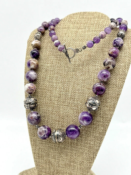 Chunky Purple Amethyst Sterling Silver Necklace Scroll Beads 28” By MERAN