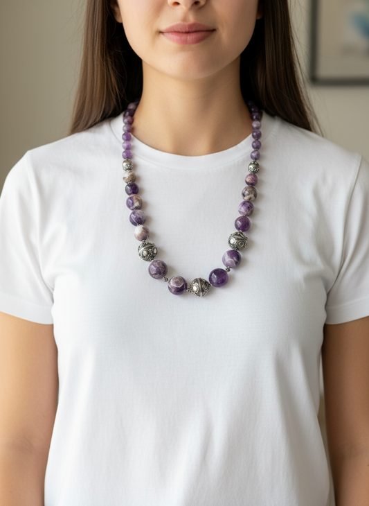Chunky Purple Amethyst Sterling Silver Necklace Scroll Beads 28” By MERAN