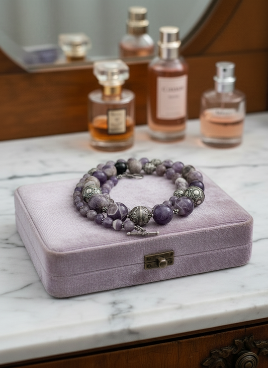 Chunky Purple Amethyst Sterling Silver Necklace Scroll Beads 28” By MERAN