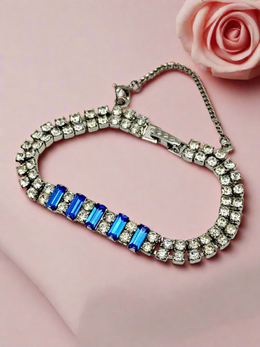 Vintage SIGNED Eisenberg Ice Tennis Bracelet Clear & Blue Rhinestone Circa 7”