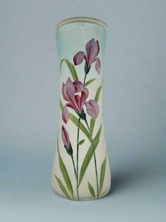 Art Nouveau Style Opalescent Art Glass Vase Hand Painted Iris Design