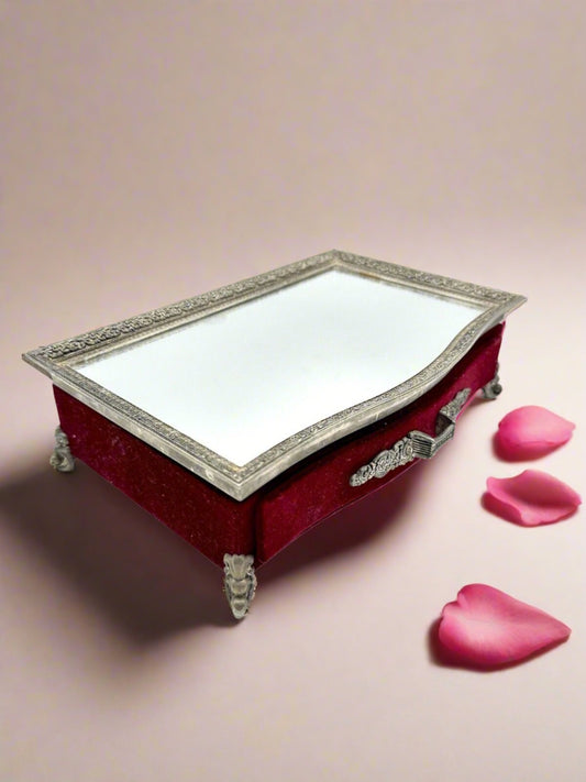 Vintage Red Velvet Footed Hollywood Regency Style Vanity Dresser Jewelry Box