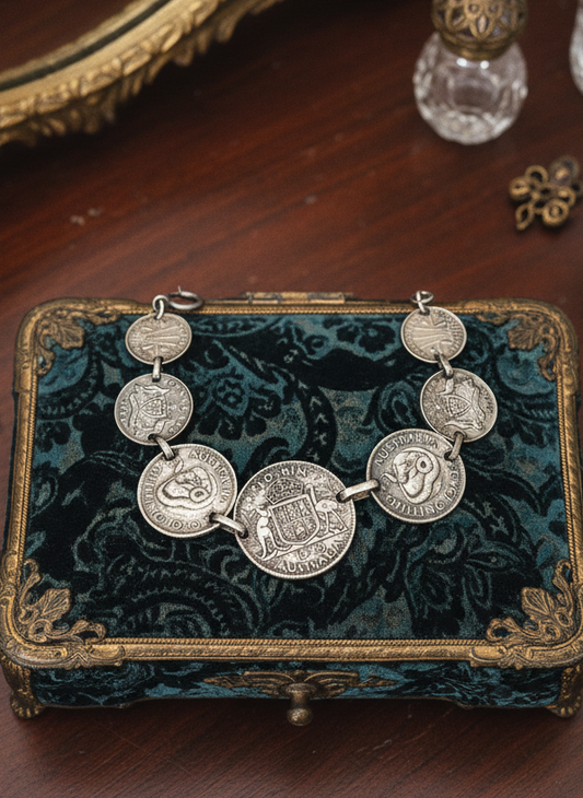 Vintage AUSTRALIA 1943 FLORIN Sterling Coin Bracelet Marked Sterling 7 Coins 7”