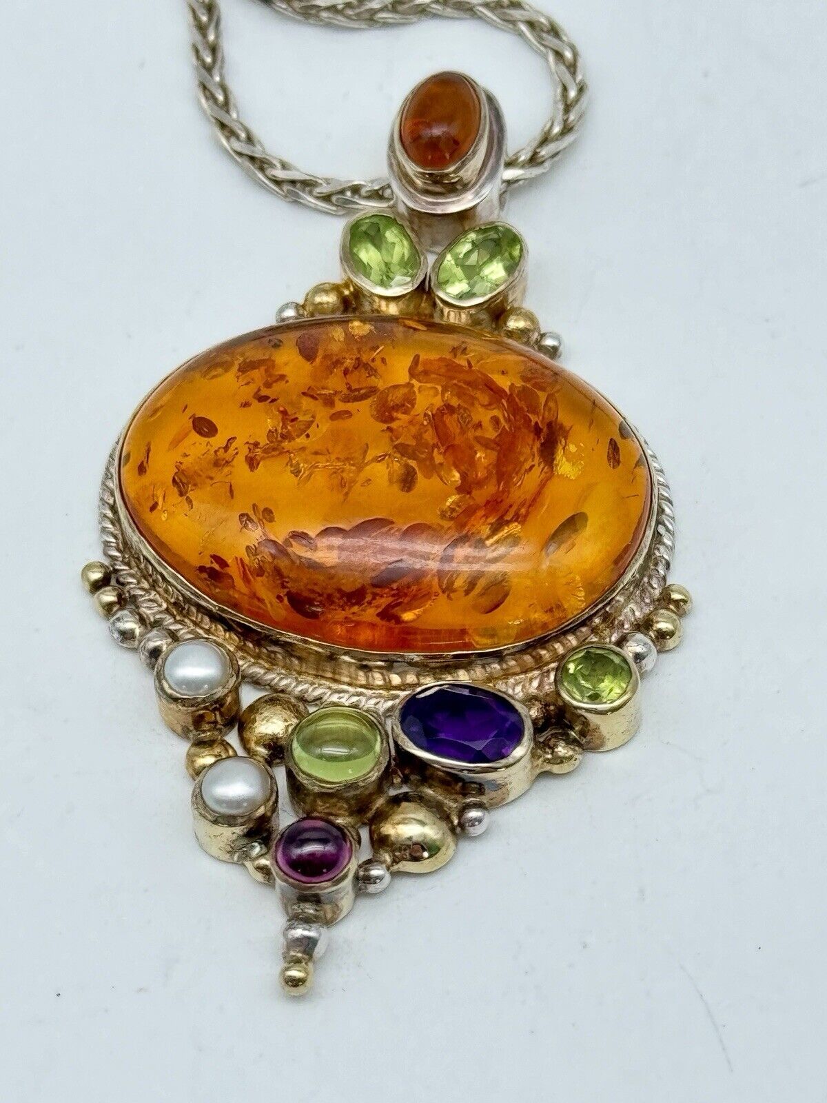 Pendant Necklace Amber Peridot Rhodolite Sterling Pearl Pre-Loved MICHOU