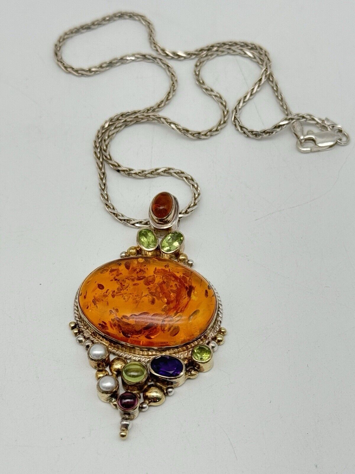 Pendant Necklace Amber Peridot Rhodolite Sterling Pearl Pre-Loved MICHOU