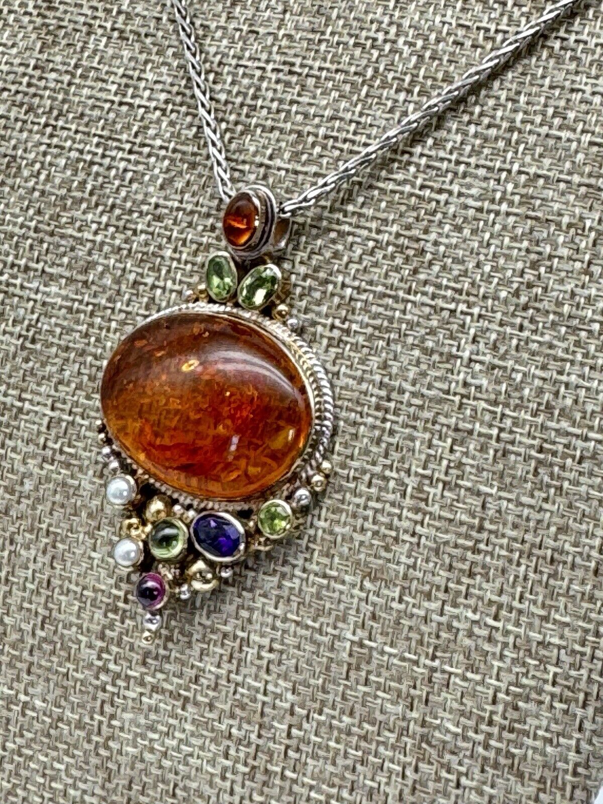 Pendant Necklace Amber Peridot Rhodolite Sterling Pearl Pre-Loved MICHOU