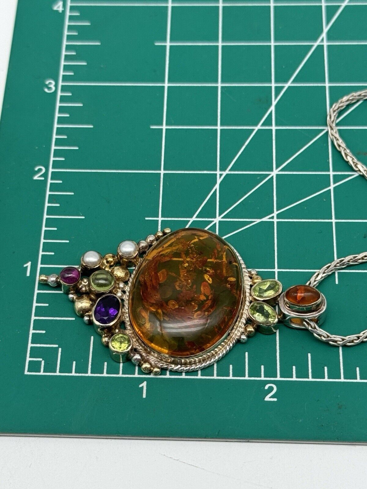 Pendant Necklace Amber Peridot Rhodolite Sterling Pearl Pre-Loved MICHOU