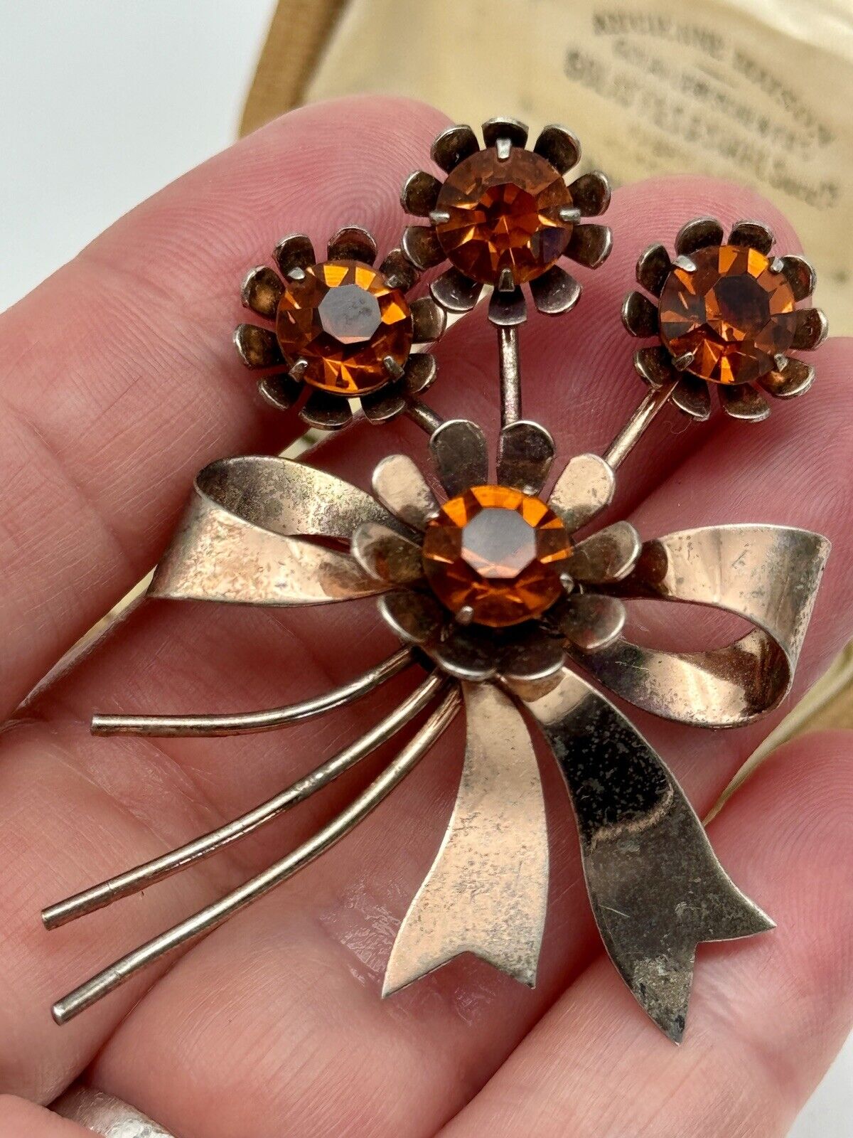 1940s Retro Era Brooch Sterling Silver Vermeil Flower Amber Color Rhinestone