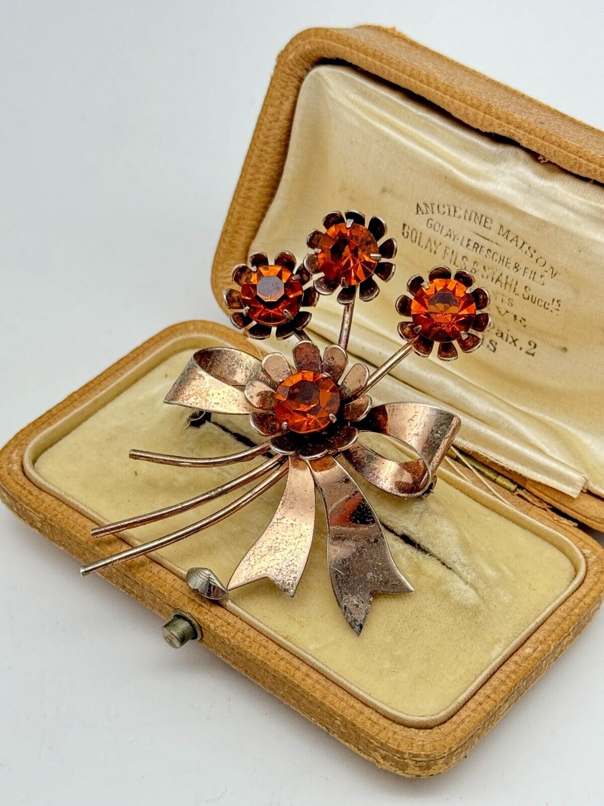 1940s Retro Era Brooch Sterling Silver Vermeil Flower Amber Color Rhinestone