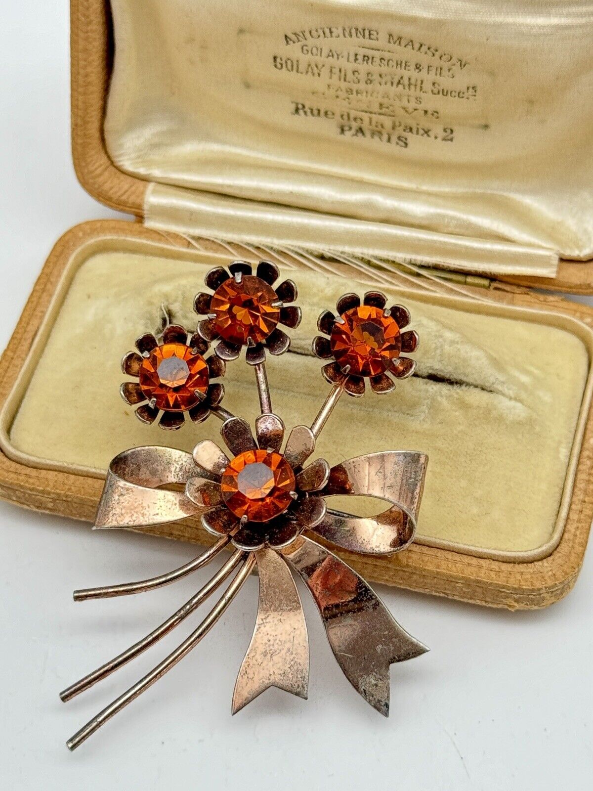 1940s Retro Era Brooch Sterling Silver Vermeil Flower Amber Color Rhinestone