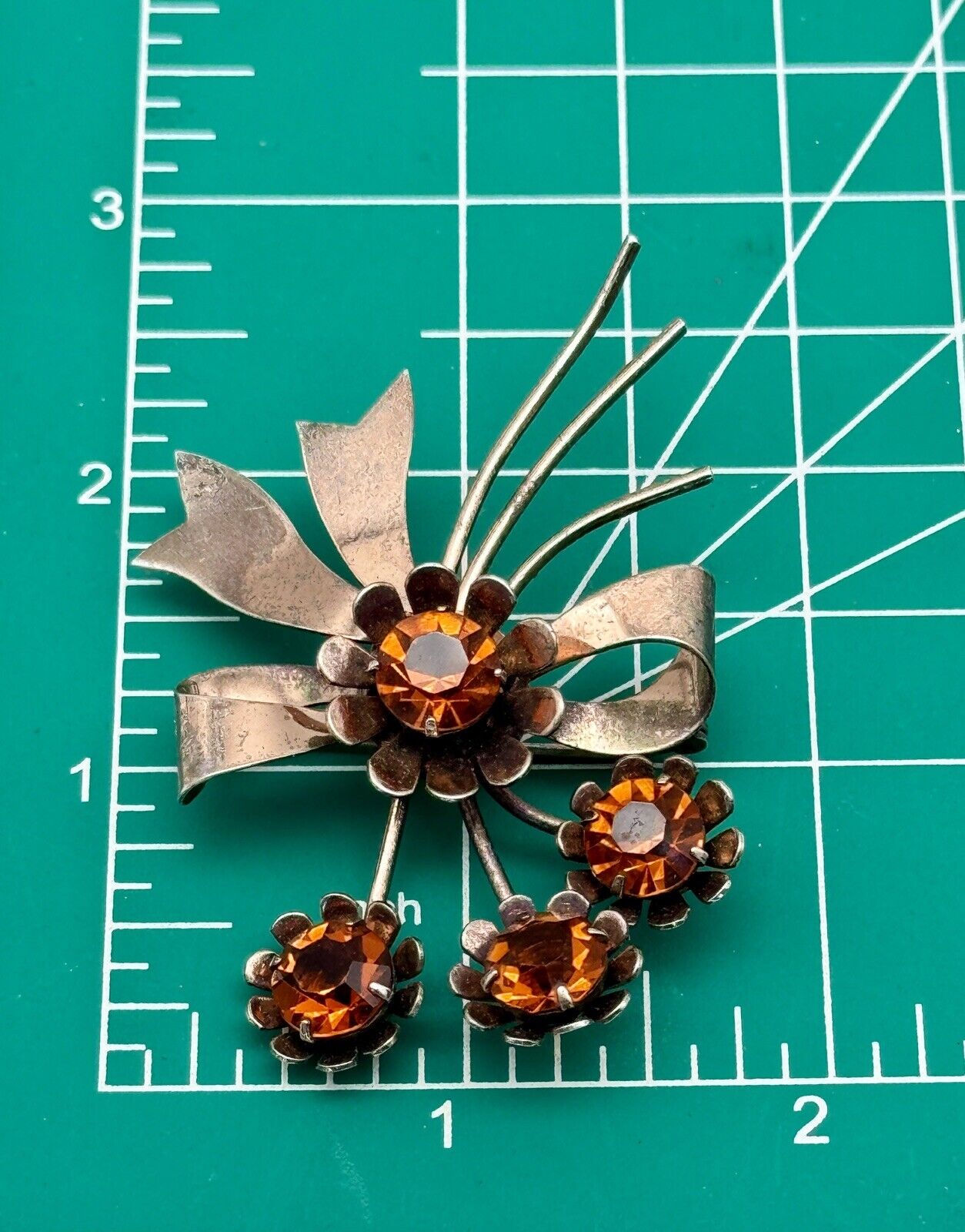 1940s Retro Era Brooch Sterling Silver Vermeil Flower Amber Color Rhinestone