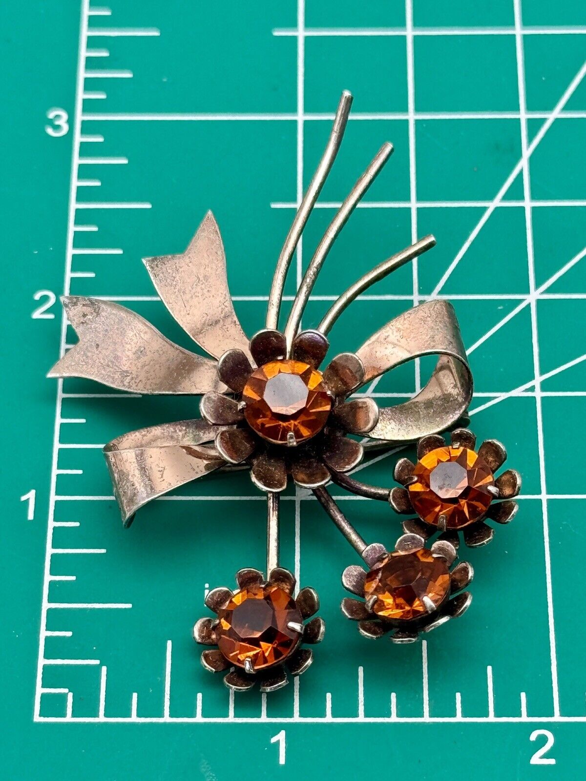 1940s Retro Era Brooch Sterling Silver Vermeil Flower Amber Color Rhinestone