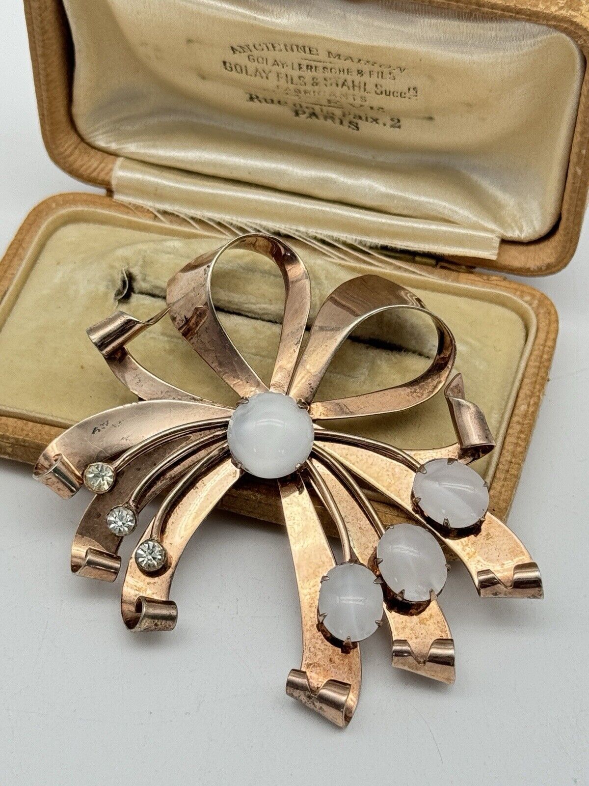 1940s Brooch STERLING VERMEIL Retro Ribbon With Opaline Stones & Rhinestone