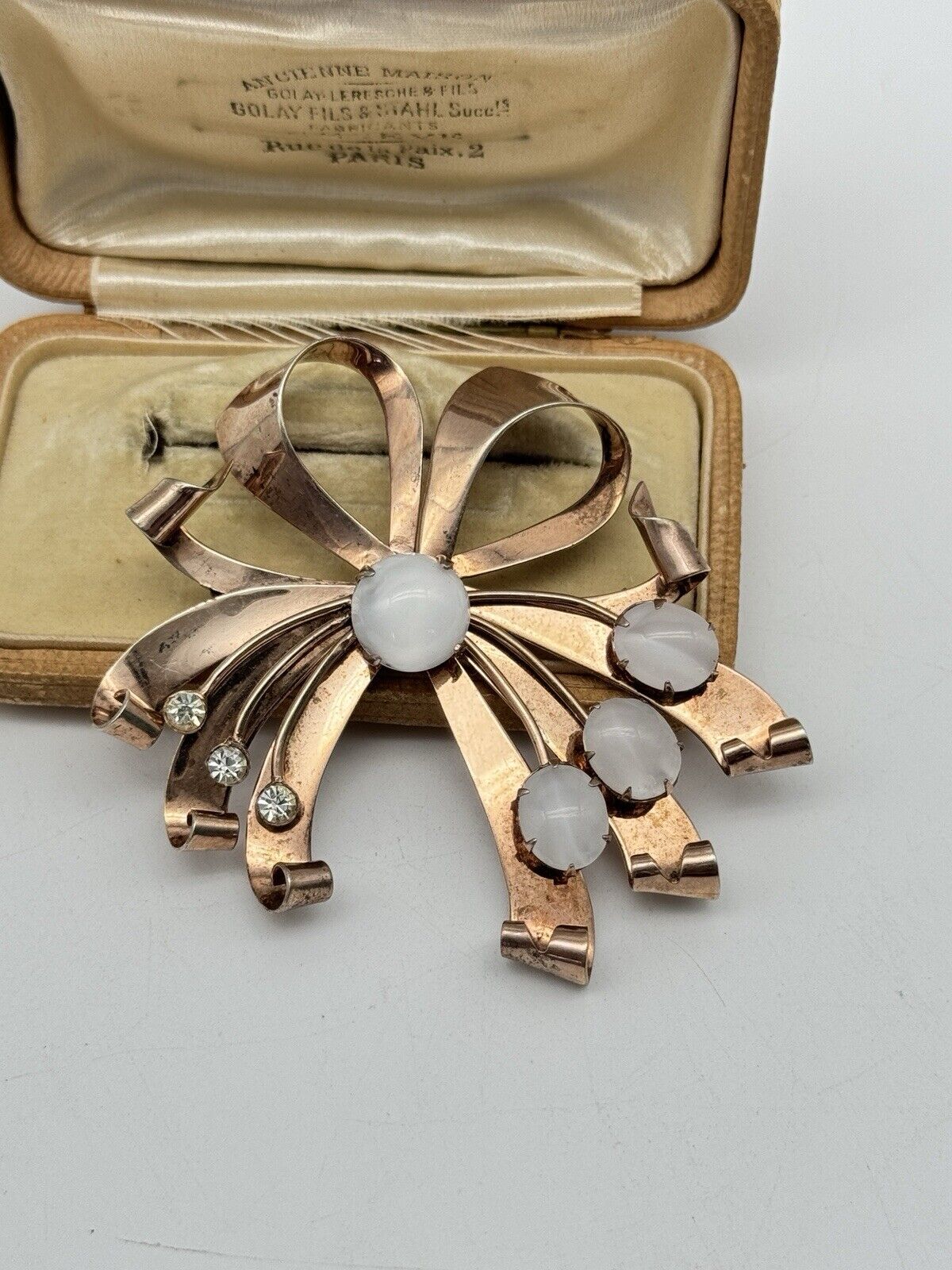 1940s Brooch STERLING VERMEIL Retro Ribbon With Opaline Stones & Rhinestone