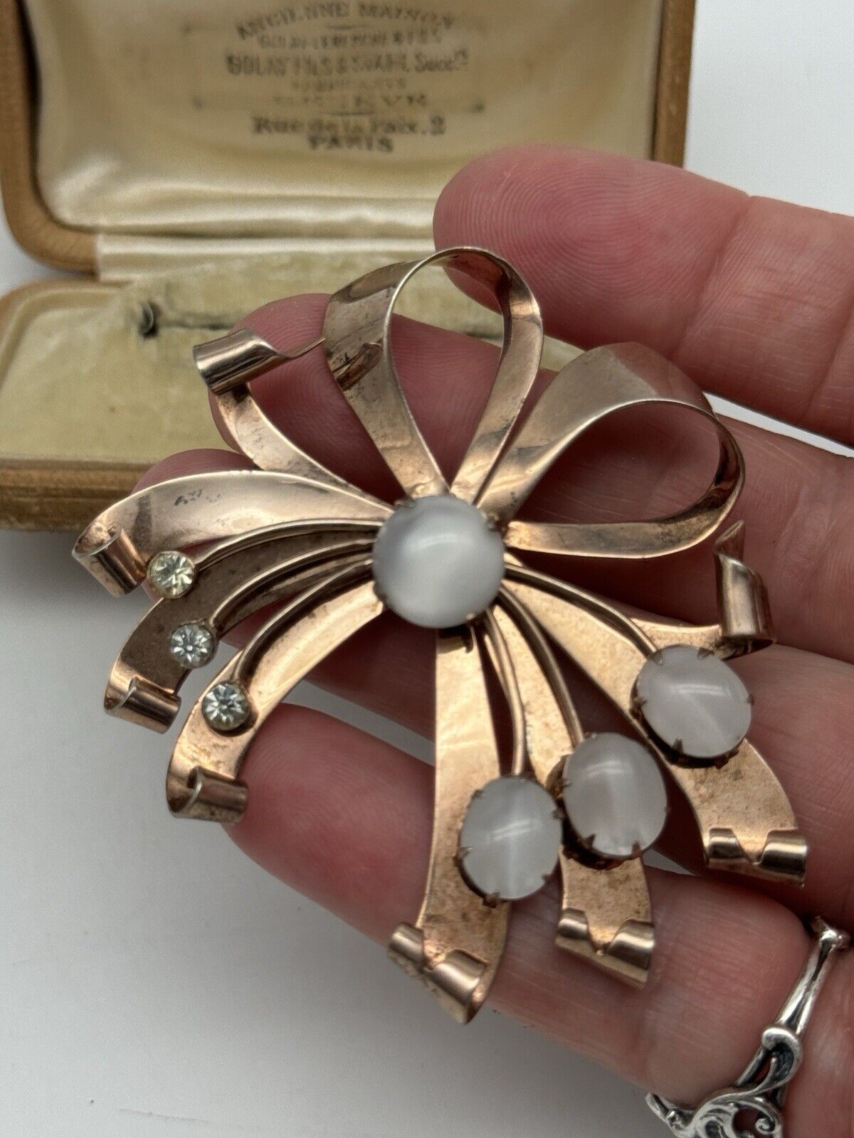 1940s Brooch STERLING VERMEIL Retro Ribbon With Opaline Stones & Rhinestone