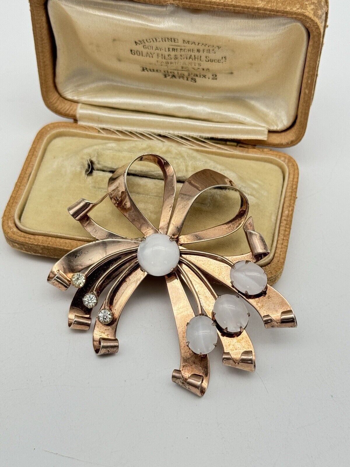 1940s Brooch STERLING VERMEIL Retro Ribbon With Opaline Stones & Rhinestone