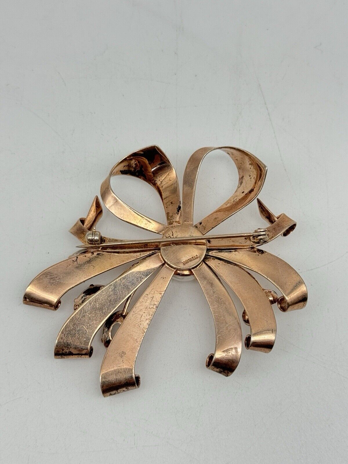 1940s Brooch STERLING VERMEIL Retro Ribbon With Opaline Stones & Rhinestone