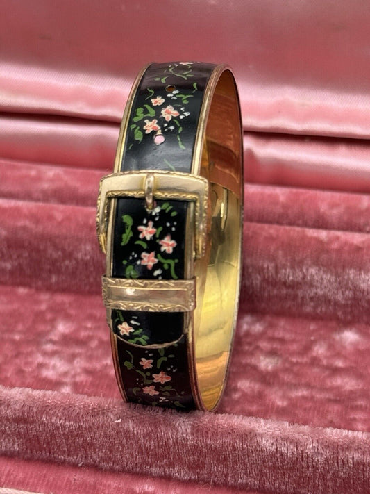 Vintage Black Enamel Floral Design Buckle Bracelet Hayward 1/20 12k Gold Filled