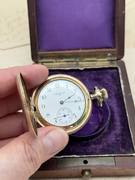 Antique GOLD FILLED Pocket Watch Elgin 1903 In Wood Case RUNS Inside Dedication