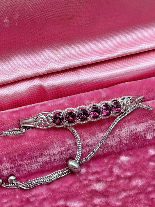 Lariat Style Silver Tone Purple Rhinestone Bracelet Can Fit Several Sizes