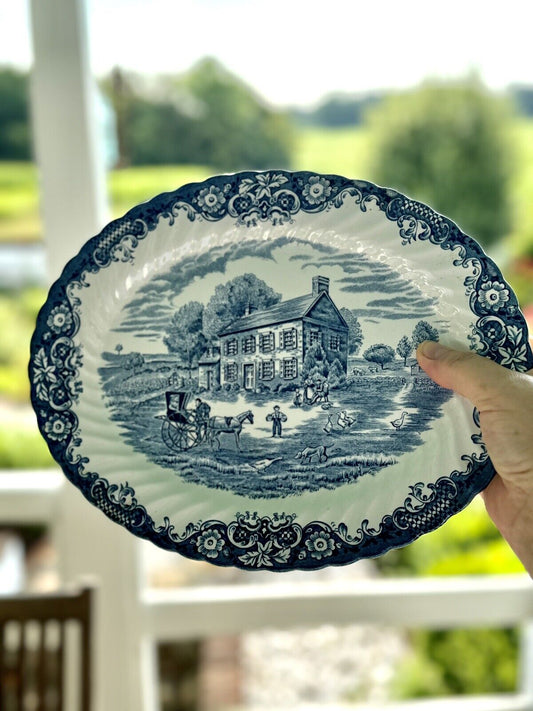 Heritage Hall Blue & White Platter 11.75” Staffordshire Made In England