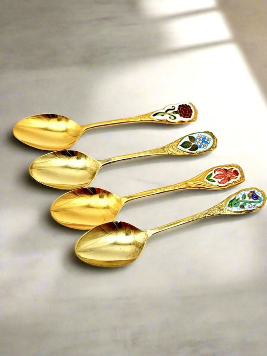 4 Vintage Espresso Gold Tone Spoons Floral Enameled