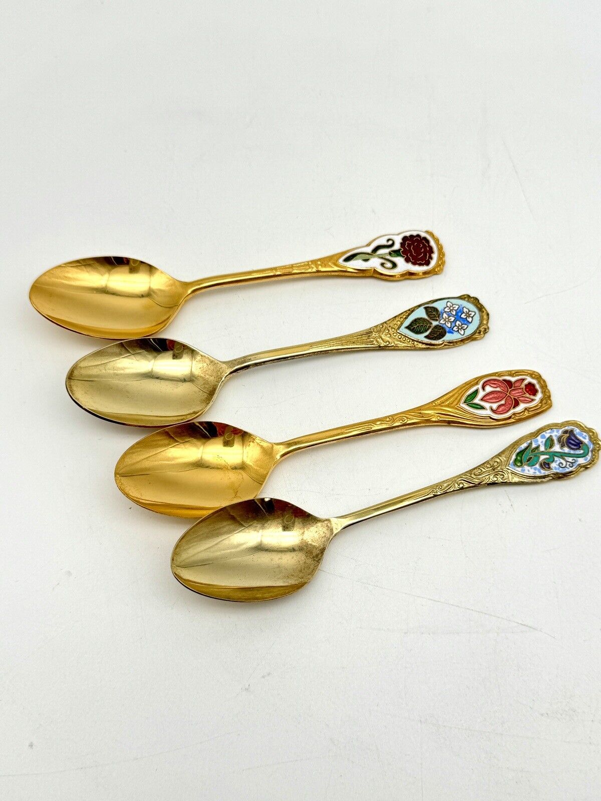 4 Vintage Espresso Gold Tone Spoons Floral Enameled