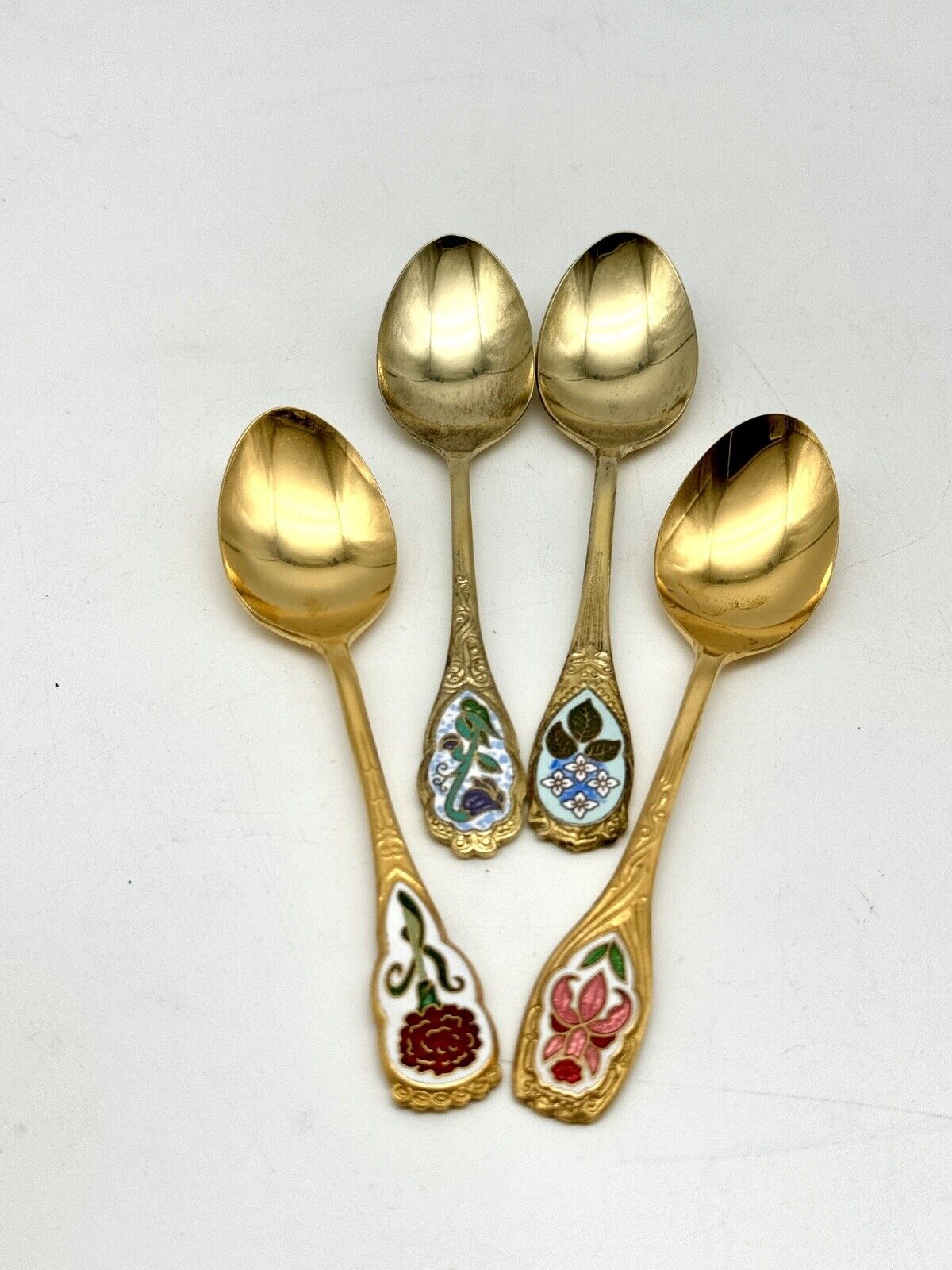 4 Vintage Espresso Gold Tone Spoons Floral Enameled