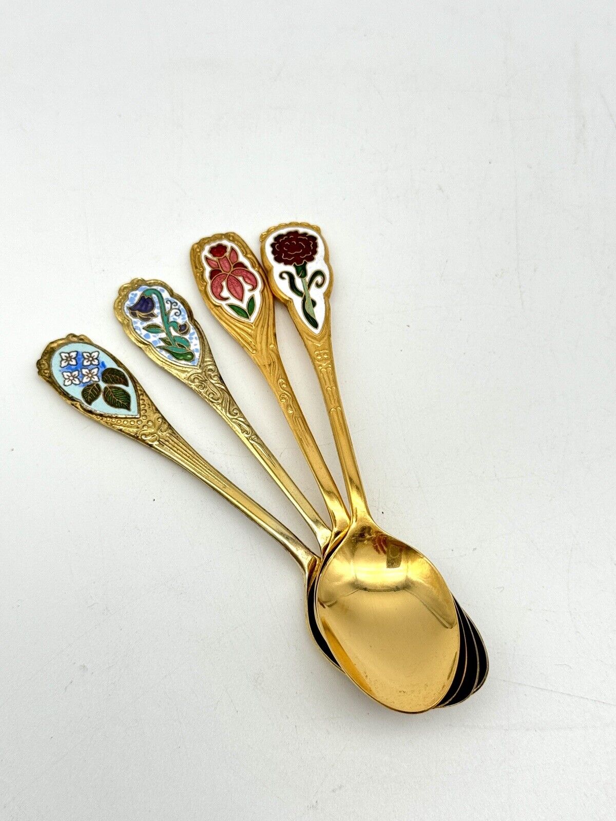 4 Vintage Espresso Gold Tone Spoons Floral Enameled