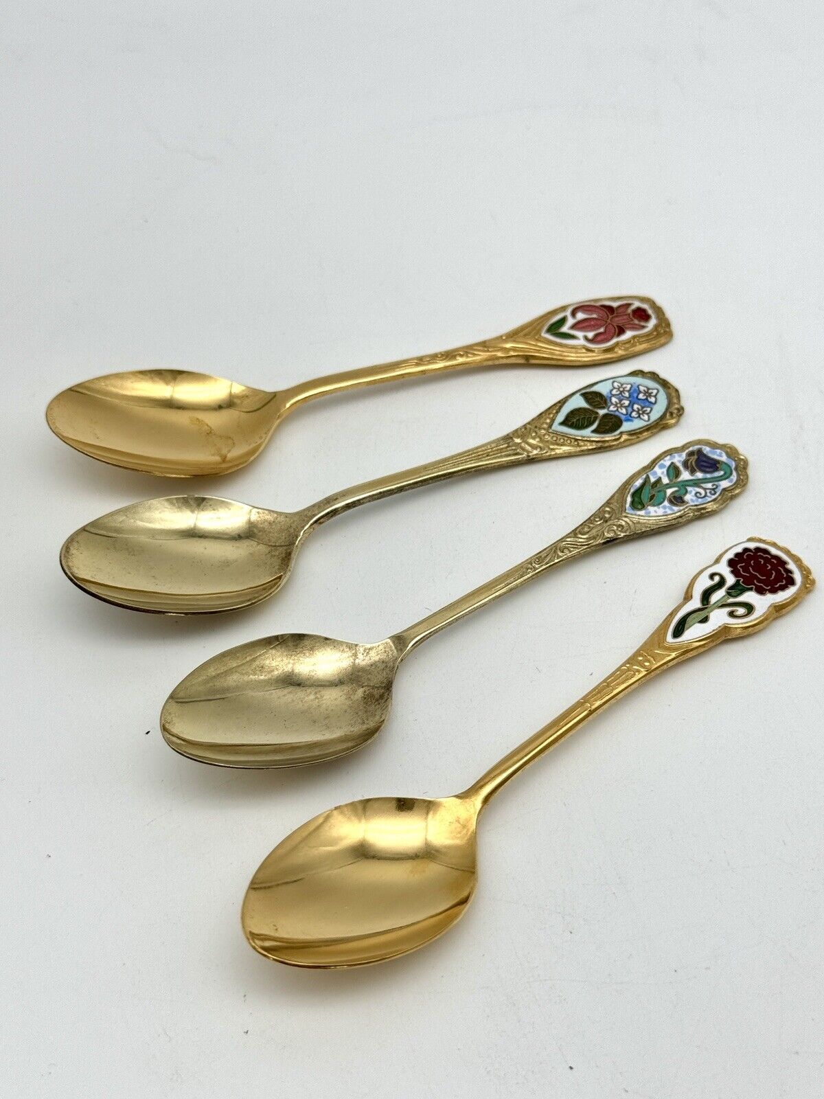 4 Vintage Espresso Gold Tone Spoons Floral Enameled