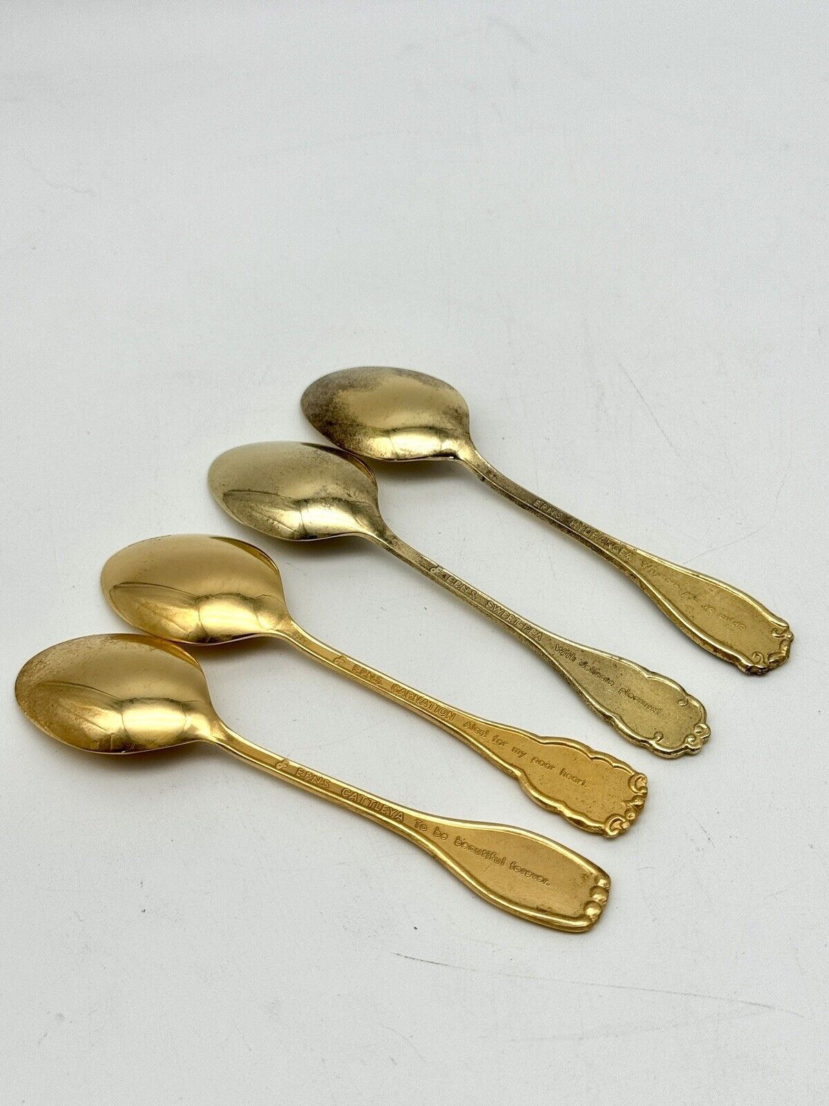 4 Vintage Espresso Gold Tone Spoons Floral Enameled