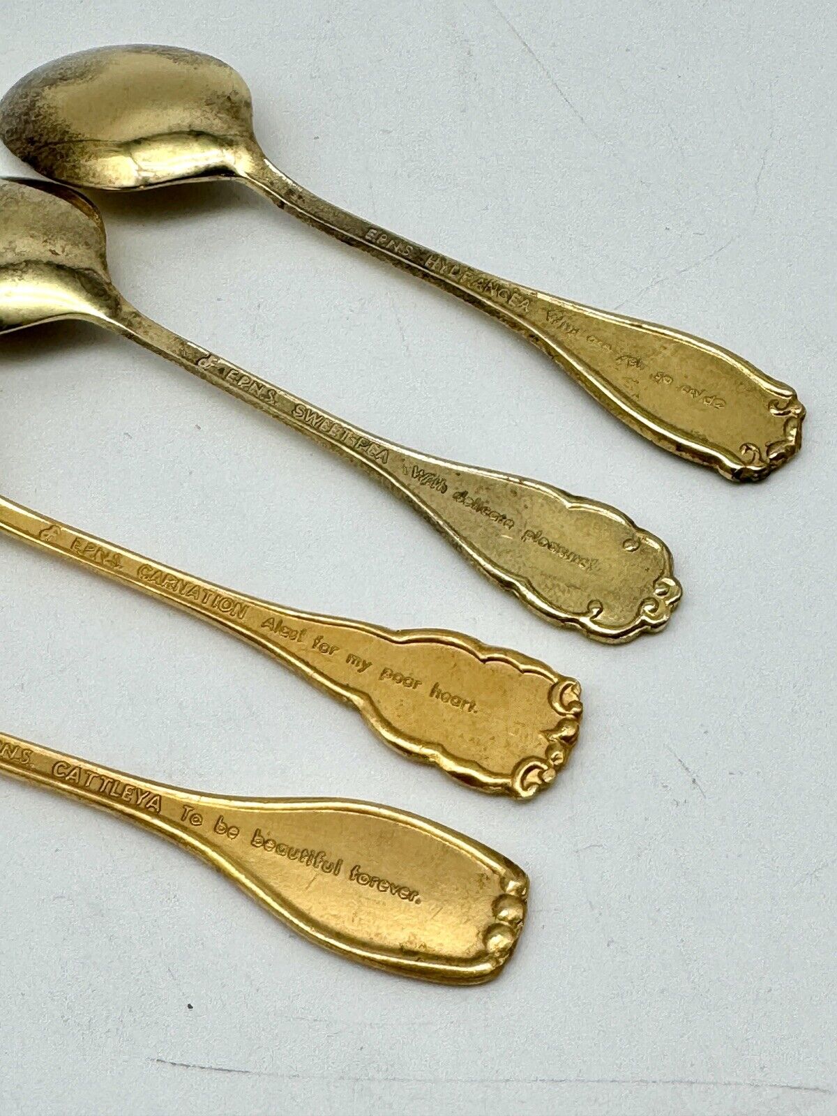 4 Vintage Espresso Gold Tone Spoons Floral Enameled