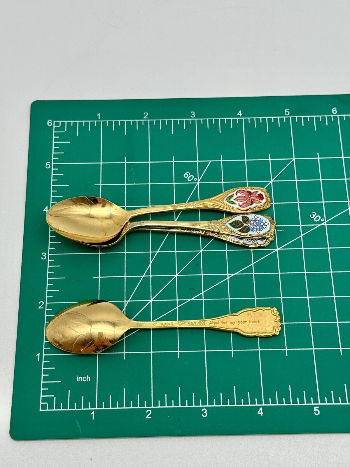 4 Vintage Espresso Gold Tone Spoons Floral Enameled